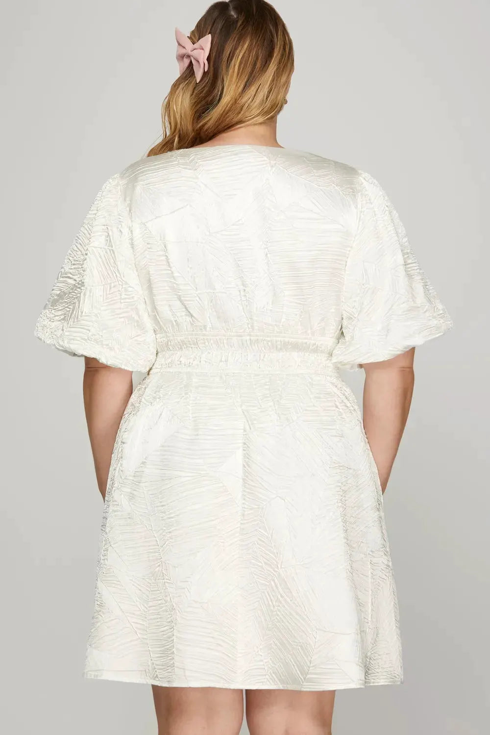 She + Sky Crinkle Woven V-Neck Balloon Sleeve Mini Dress by She + Sky