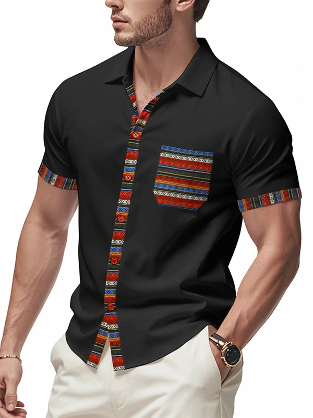 Men's Full Size Short Sleeve Shirt with Colorful Trim Plus Size by Trendsi