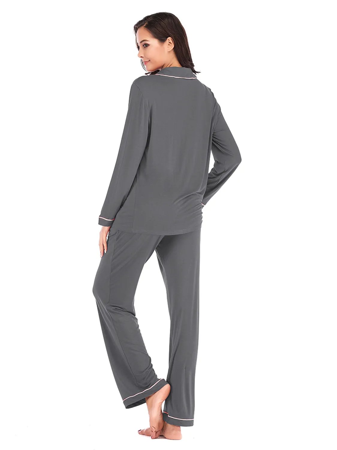 Collared Neck Long Sleeve Loungewear Set with Pockets by Partner Label