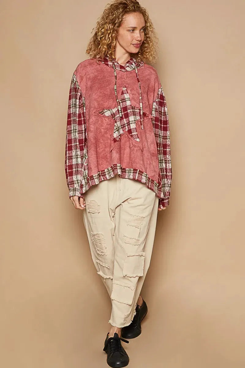 POL Star Patch Plaid Long Sleeve Hooded Top by POL