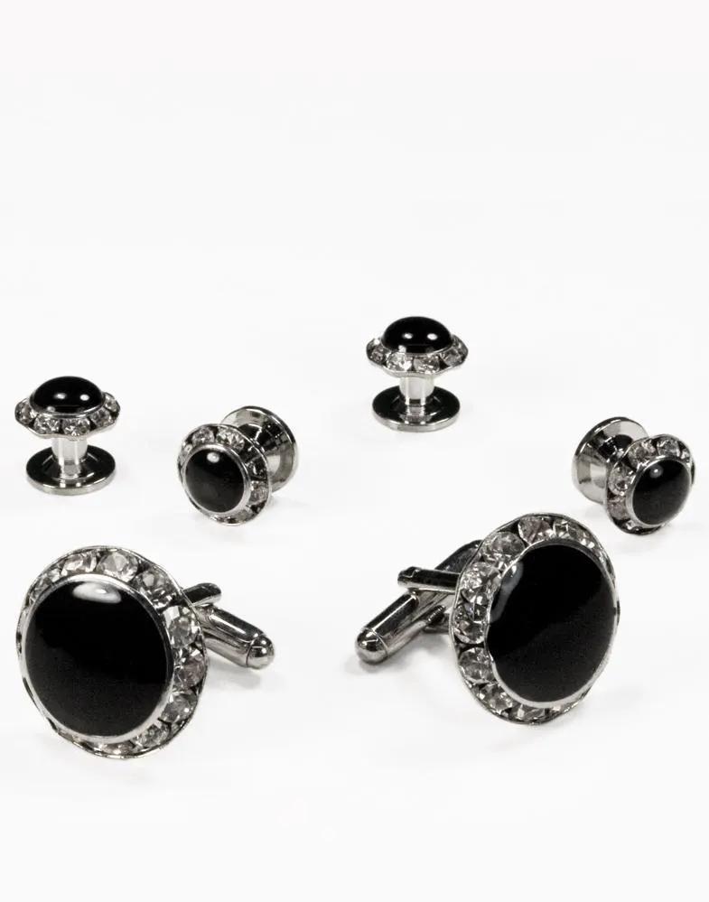 Black Circular Enamel with Rhinestones Gold or Silver Edge Studs and Cufflinks Set by Tux-USA