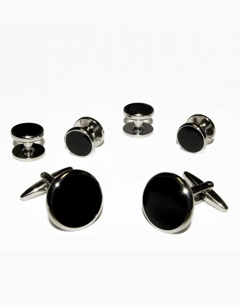 Black Circular Onyx with Gold or Silver Trim Studs and Cufflinks Set by Tux-USA