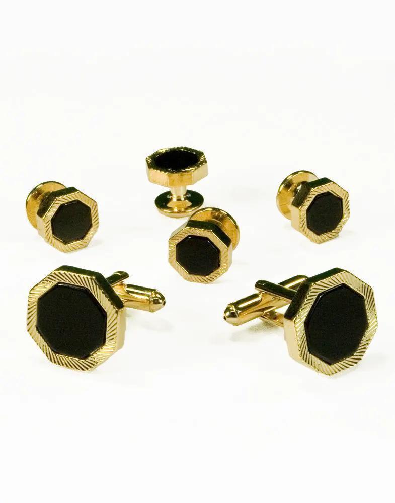 Black Octagon Onyx with Gold Feathered Edge Studs and Cufflinks Set by Tux-USA
