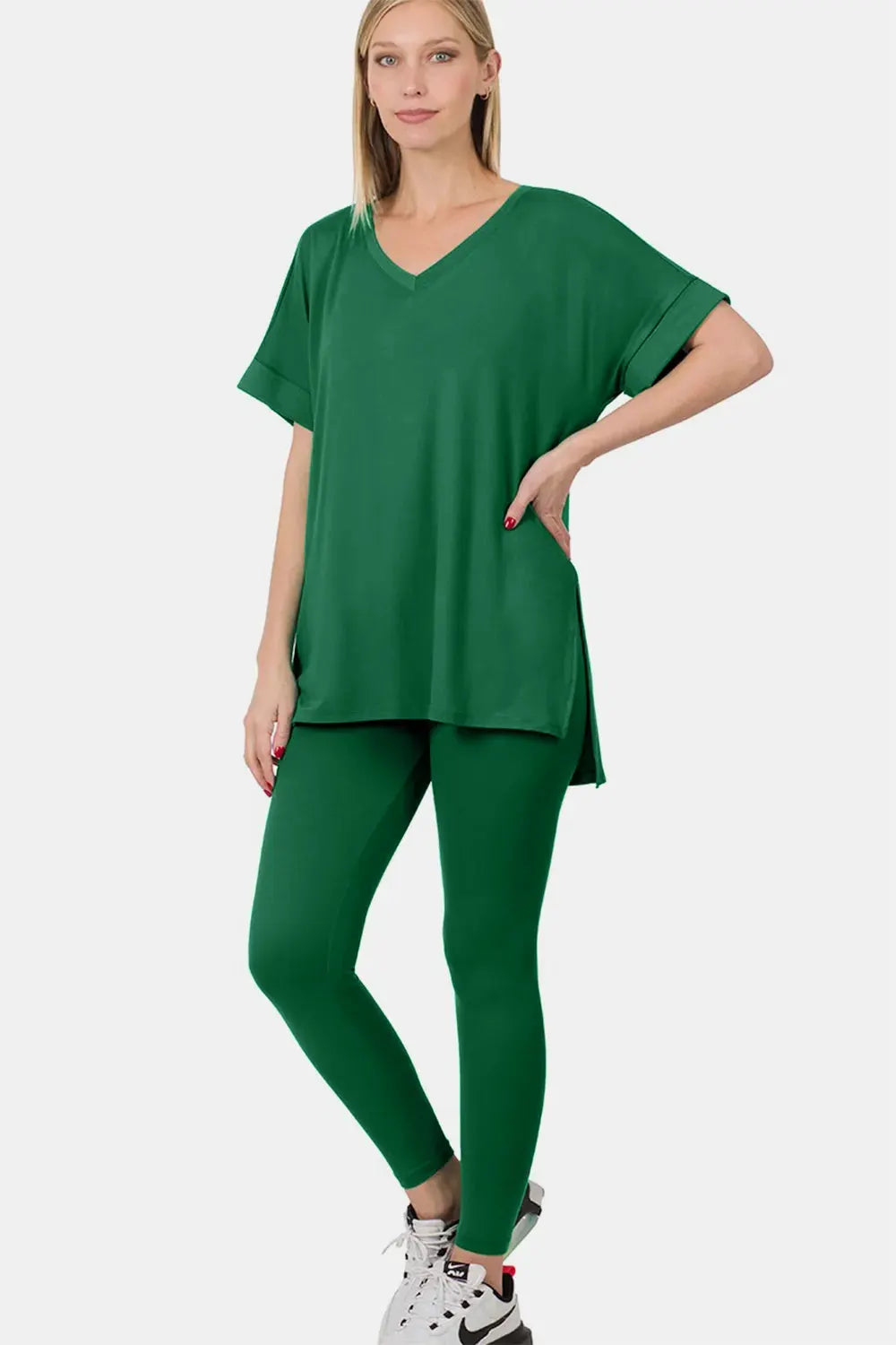 Zenana V-Neck Rolled Short Sleeve T-Shirt and Leggings Lounge Set by Zenana