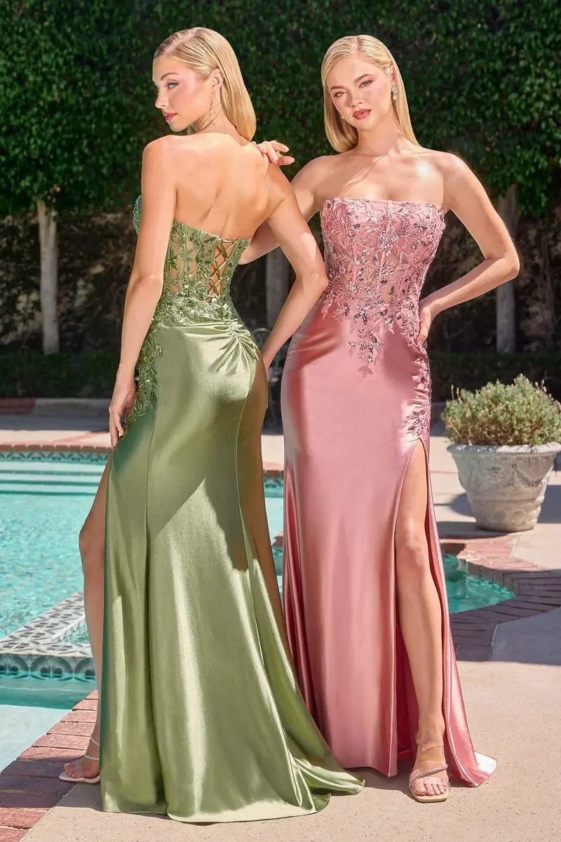 Crystal Strapless Fitted Satin Dress by Tux-USA
