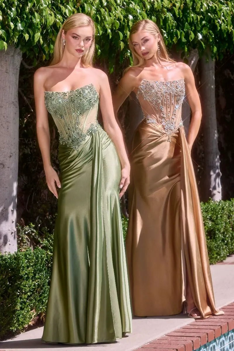 Illusion Mesh Beaded Corset Gown with Draped Satin Slit by Tux-USA