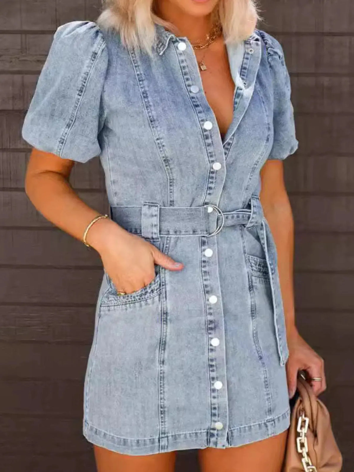 Button-Up Puff Sleeve Denim Shirt Dress by Partner Label