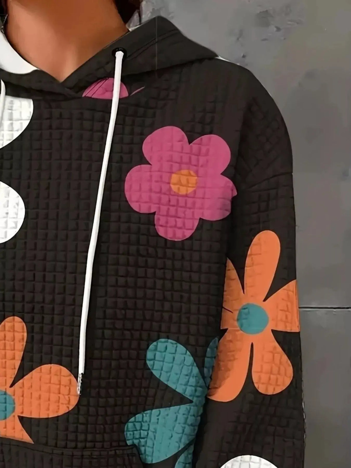 Floral Print Textured Drawstring Hoodie by Partner Label