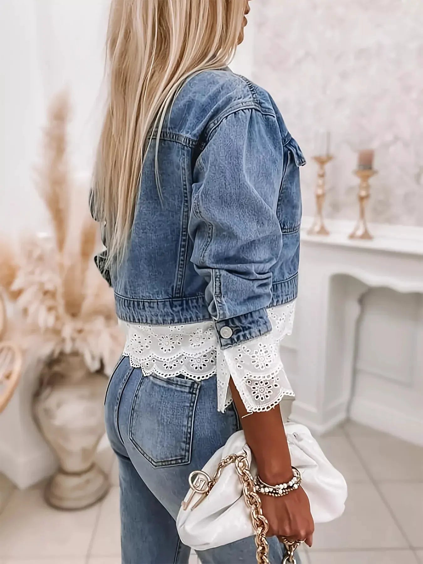 Cropped Denim Jacket with Lace Trim by Partner Label