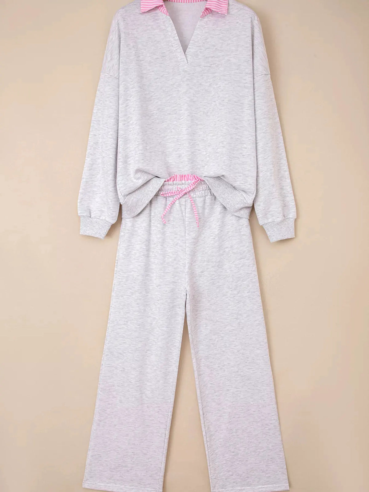Contrasted Trim Frilled Collar Drop Shoulder Top and Drawstring Pant Set by Partner Labels