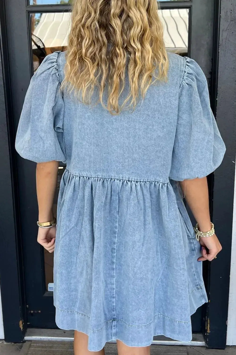 Bowknot Round Neck Half Sleeve Denim Dress by Partner Label