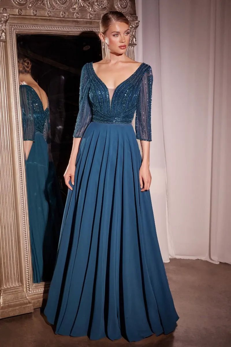 Three Quarter Sleeve Beaded Chiffon Dress by Tux-USA