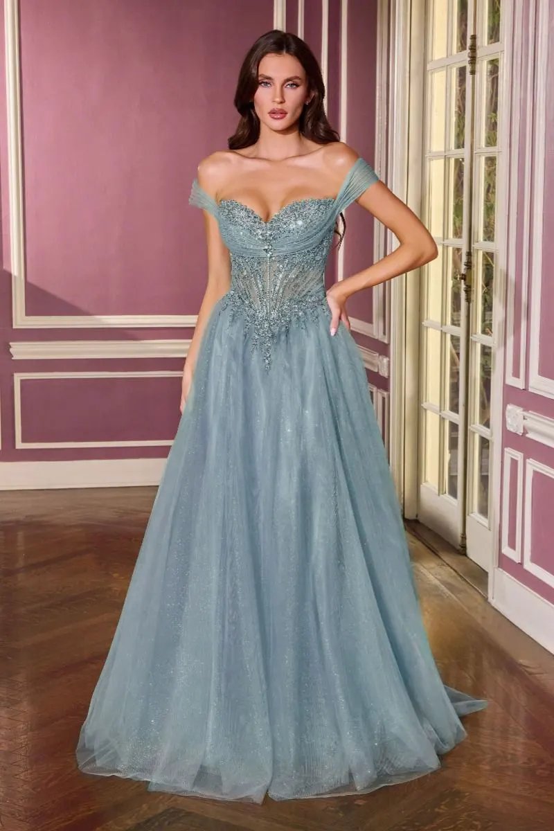 Ball Gown Off-The-Shoulder Neckline Draped Tulle Straps and a Fully Beaded Corset Bodice by Tux-USA
