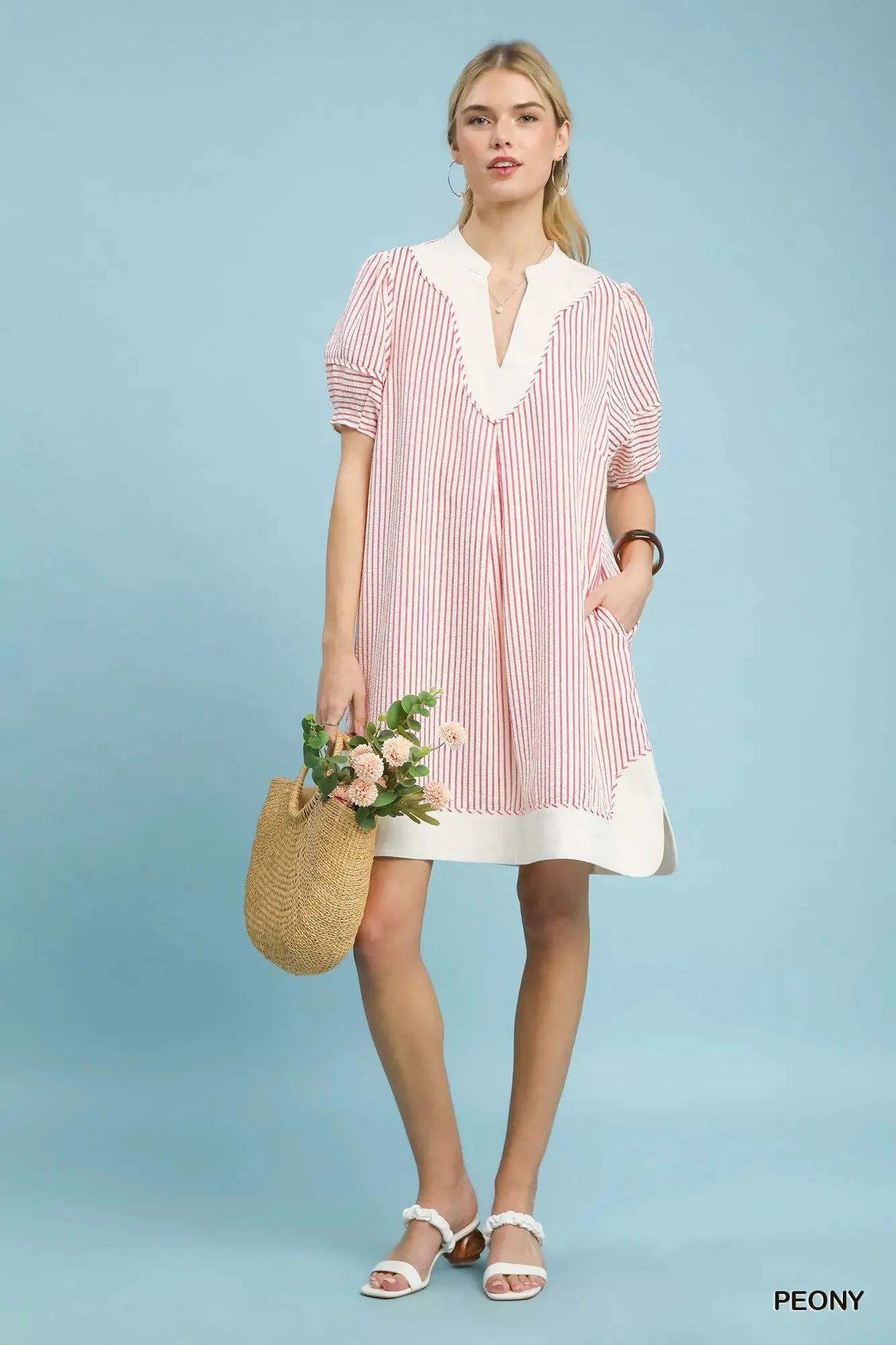 Umgee Pinstripe Shift Dress with Contrast Trim by Umgee