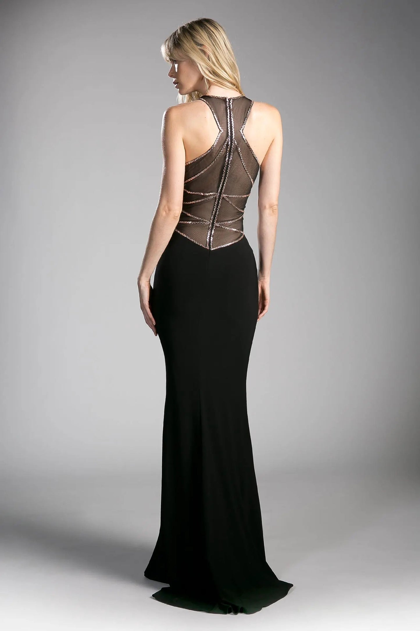Fitted stretch jersey gown with beaded illusion details and sweetheart neckline. by Tux-USA