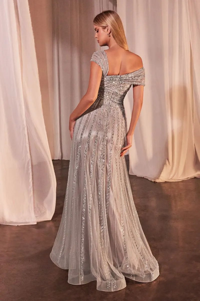 Asymmetrical Off The Shoulder A-Line Beaded Gown by Tux-USA