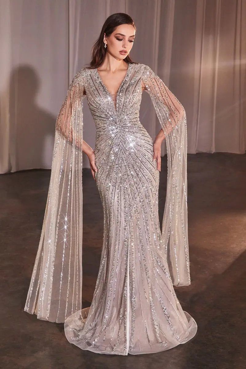 Long Sleeve Fully Beaded Sheath Gown by Tux-USA