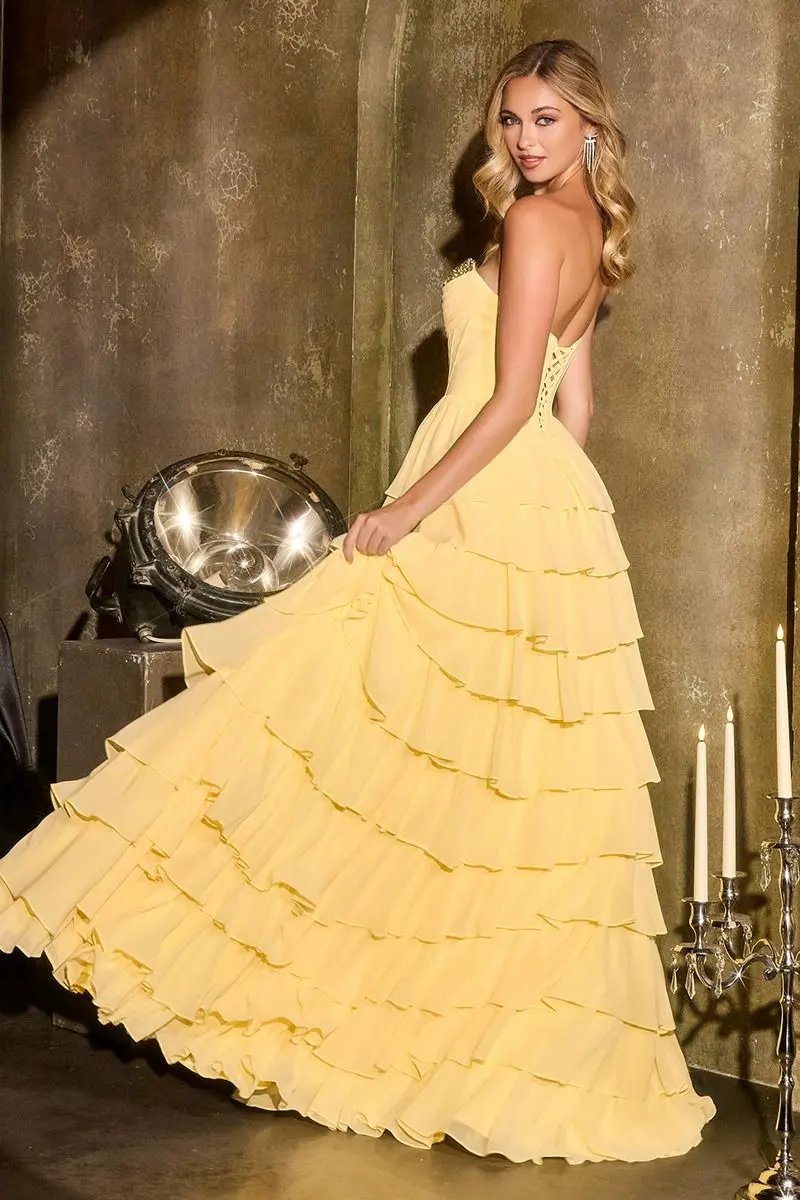 Strapless Chiffon Corset Gown with Tiered High-Low Hem by Tux-USA