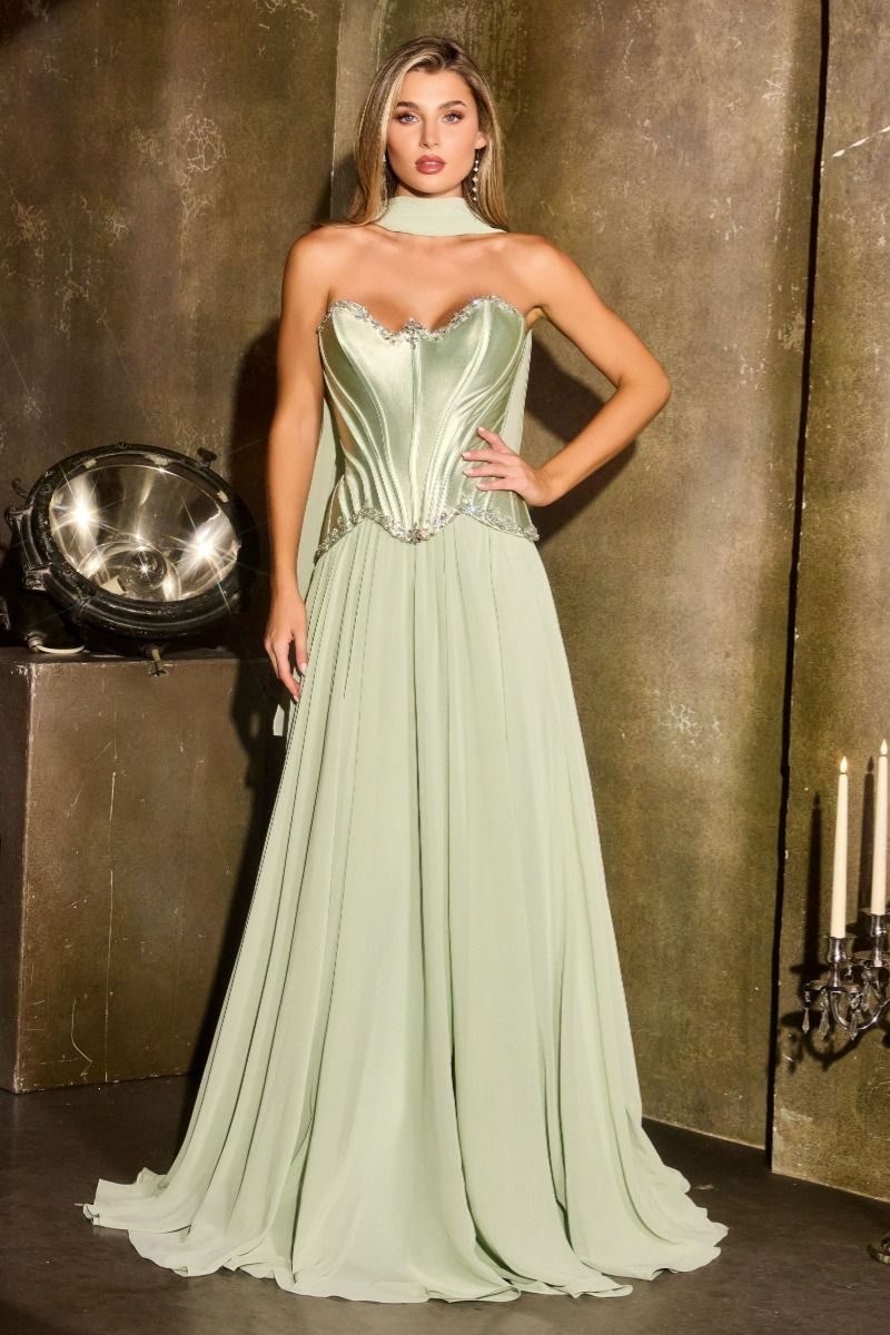 Ball Gown Strapless Satin Corset Crystal Embellished Bodice Chiffon Skirt-7