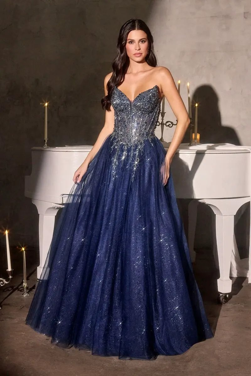 Strapless Crystal Corset A-Line Glitter Tulle Gown by Tux-USA