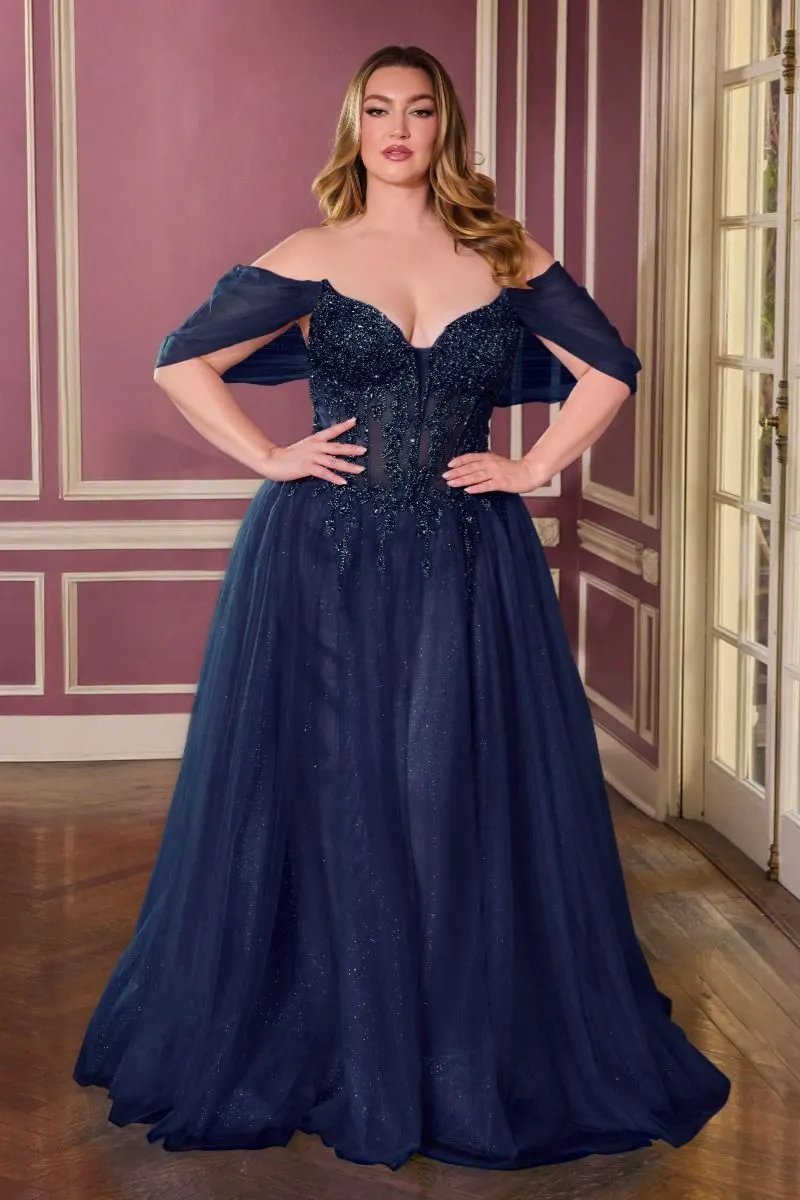 Off-Shoulder Beaded Corset A-Line Glitter Tulle Gown by Tux-USA
