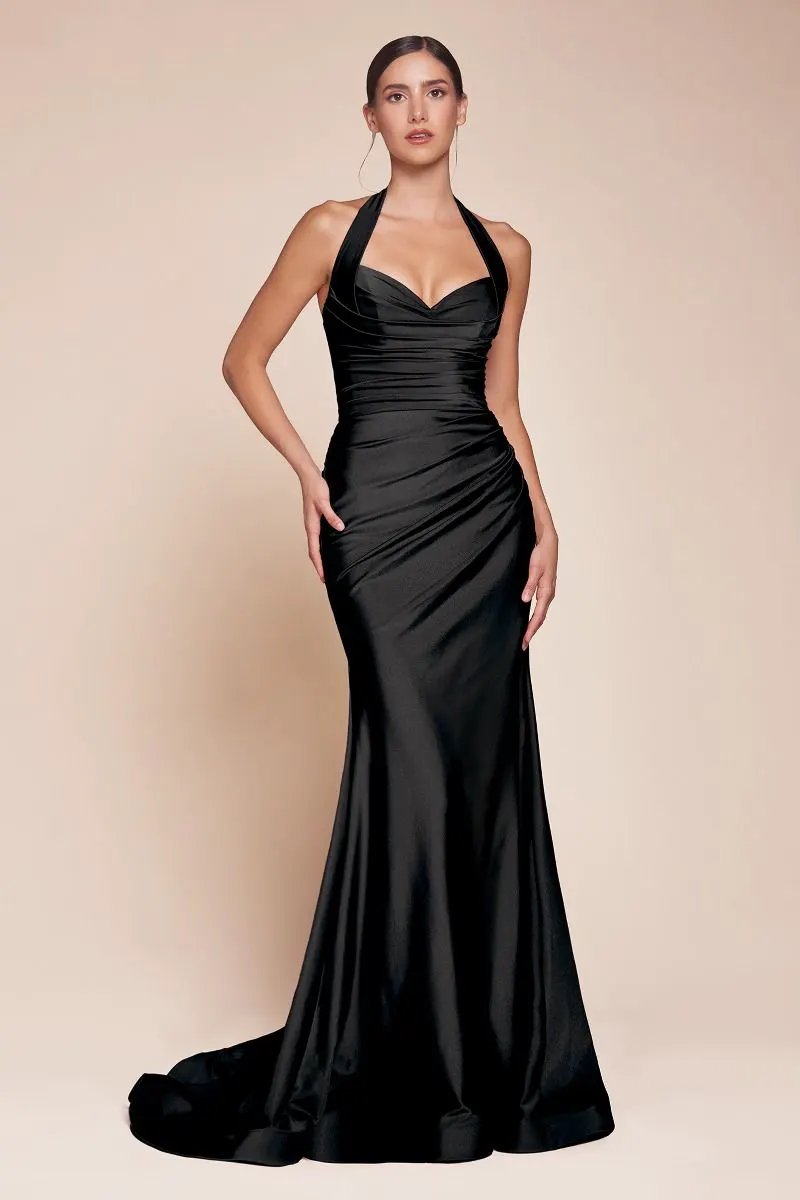 Stretch Satin Halter Bridesmaid Dress Tux USA  Equanimity Essence.