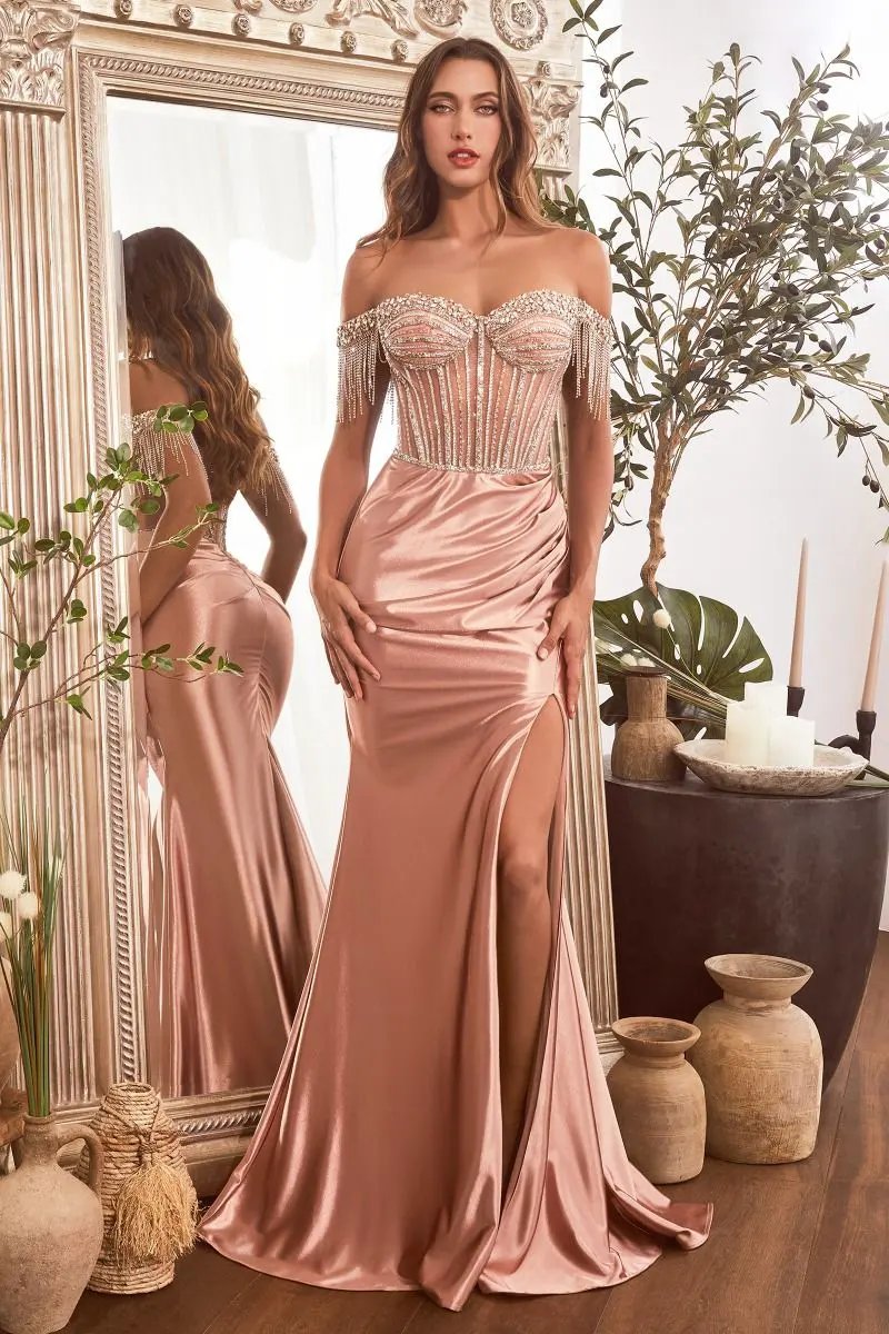 Embellished Off The Shoulder Satin Gown by Tux-USA