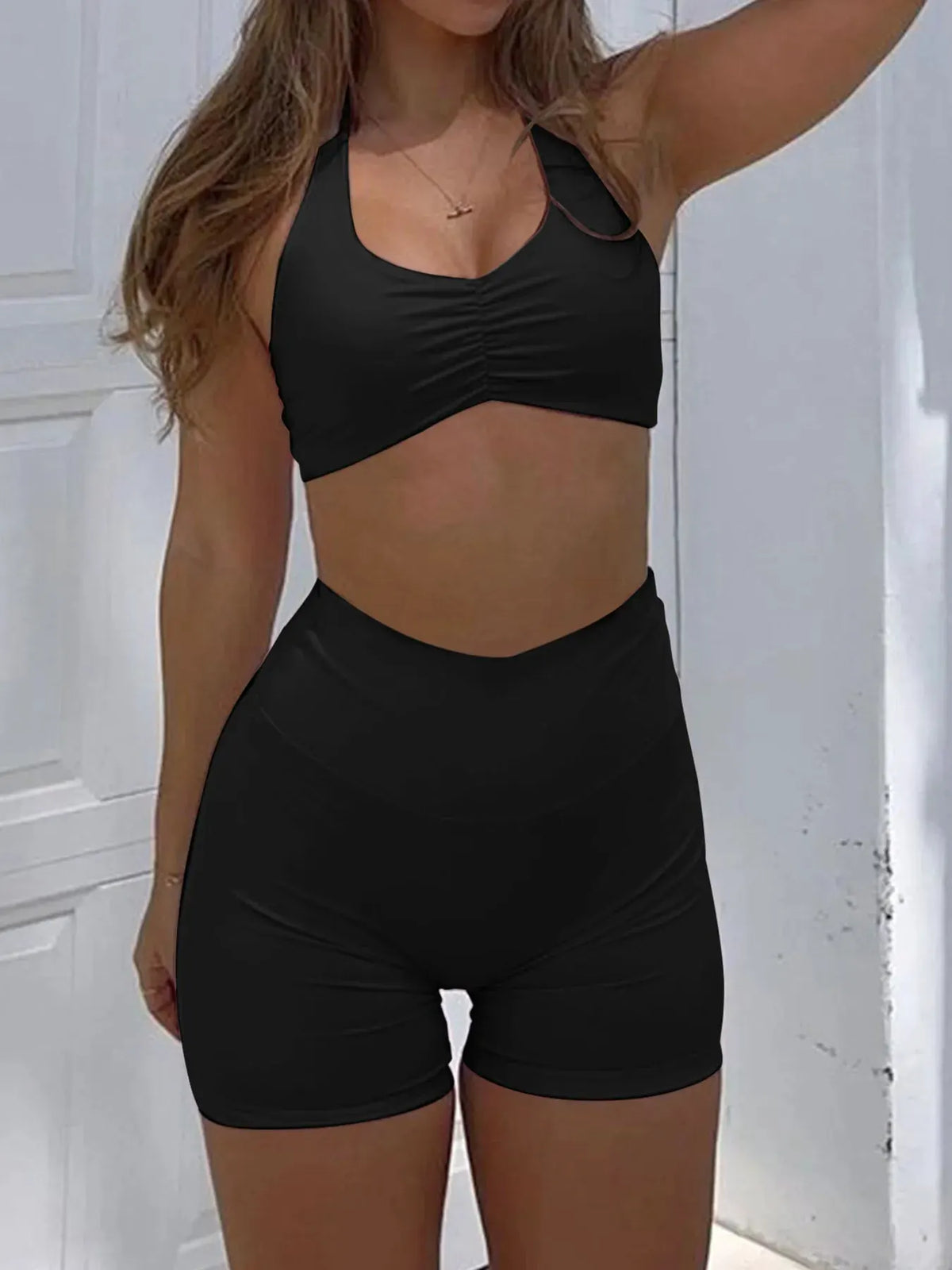 Halter Neck Cami and Shorts Two Piece Ribbed Active Set by Partner Label