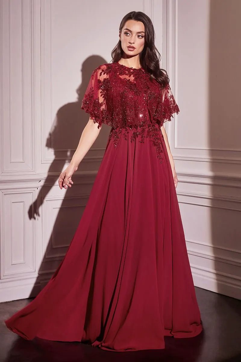 Chiffon A-Line Beaded Lace Bodice Dress With Removable Cape by Tux-USA
