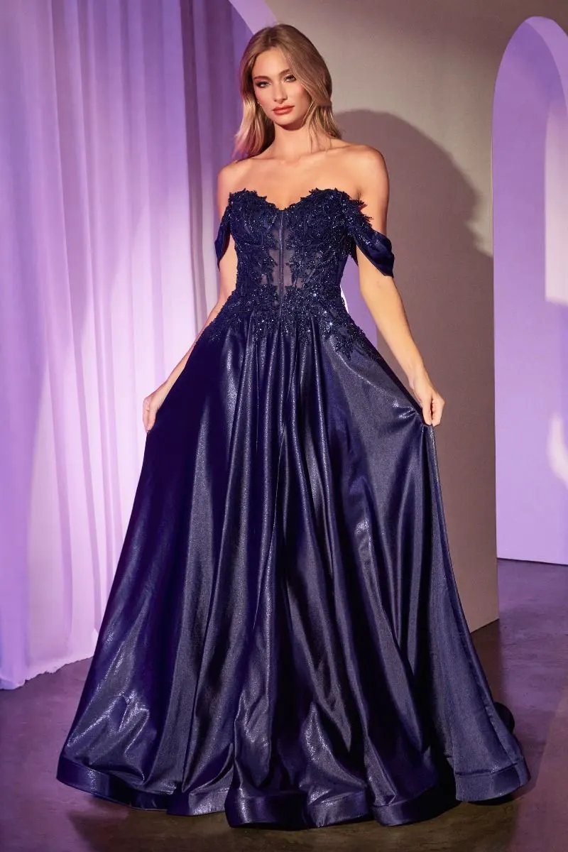Off The Shoulder Lace & Satin A-Line Dress by Partner Label