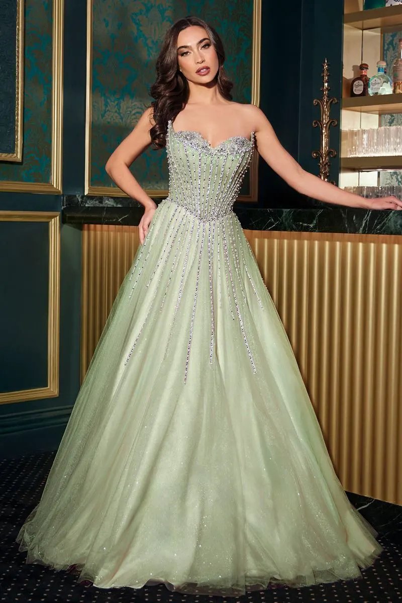 Strapless Ball Gown Beaded Bustline Linear Crystal Glitter Tulle Skirt by Partner Label