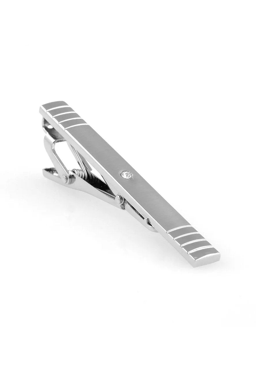 Brushed Silver with Center Crystal Premium Tie Bar by Tux-USA