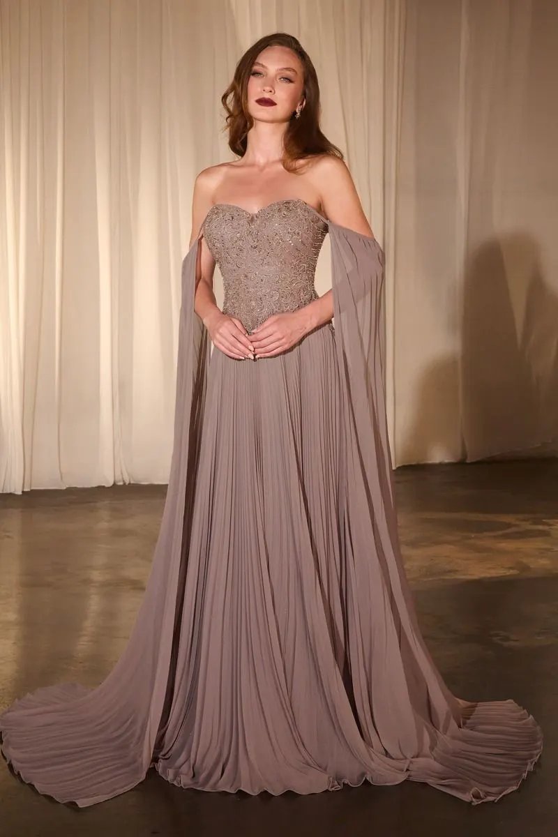 Pleated A-Line Gown With Cape Sleeves by Tux-USA