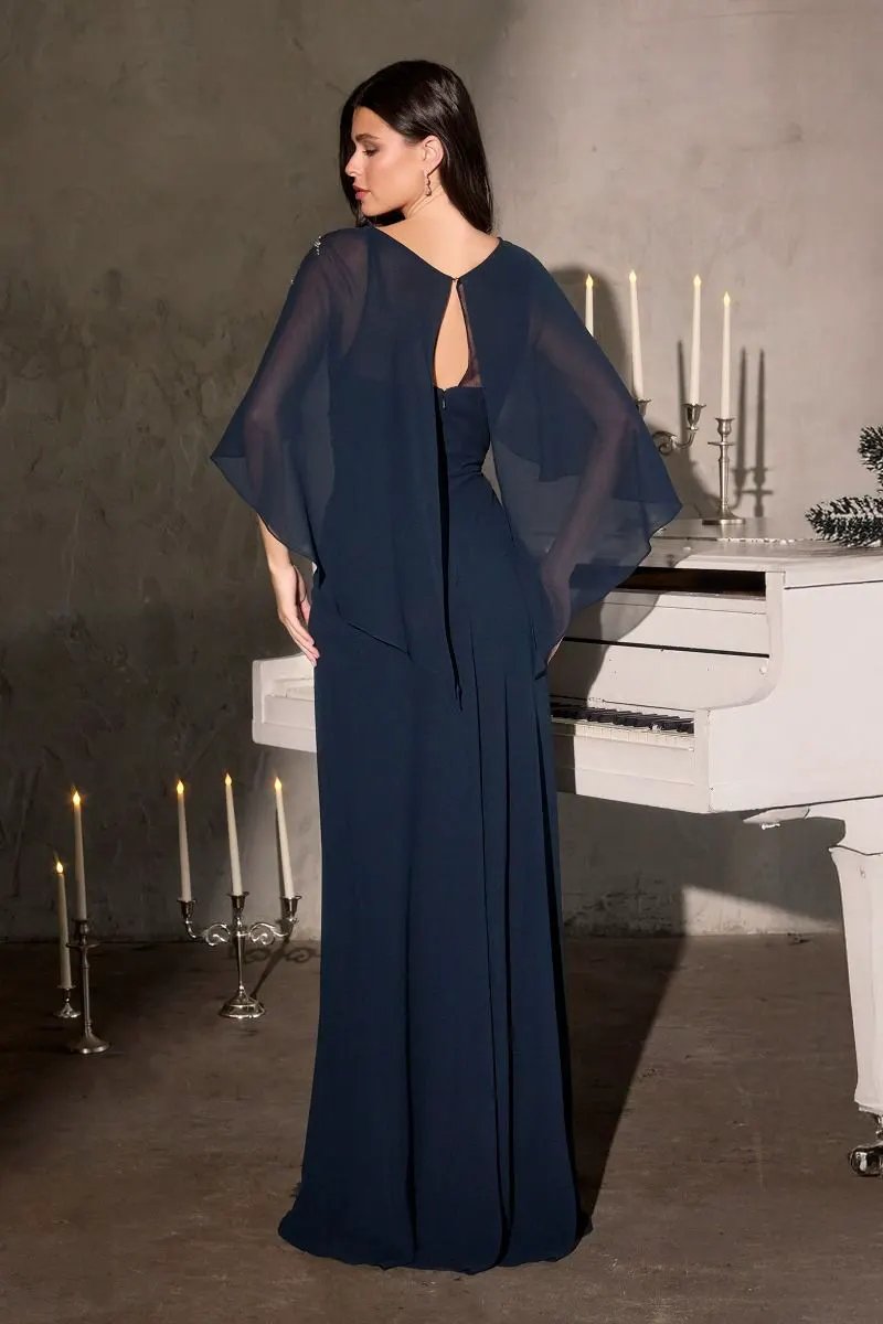 Classic Column Silhouette with Soft Draped Overlay and Cape-Style Sleeves by Tux-USA