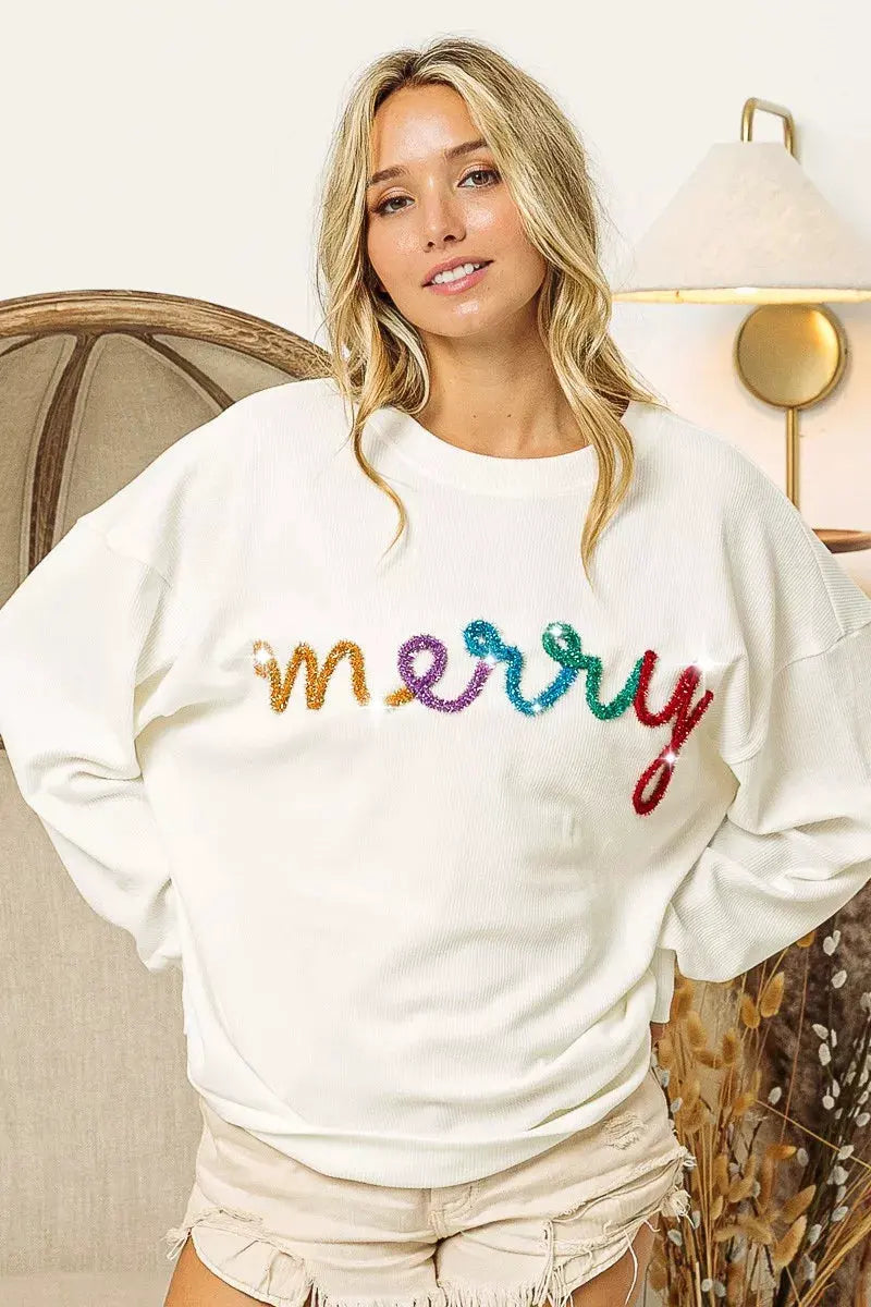 BiBi Merry Tinsel Lettering Drop Shoulder Sweatshirt by BiBi