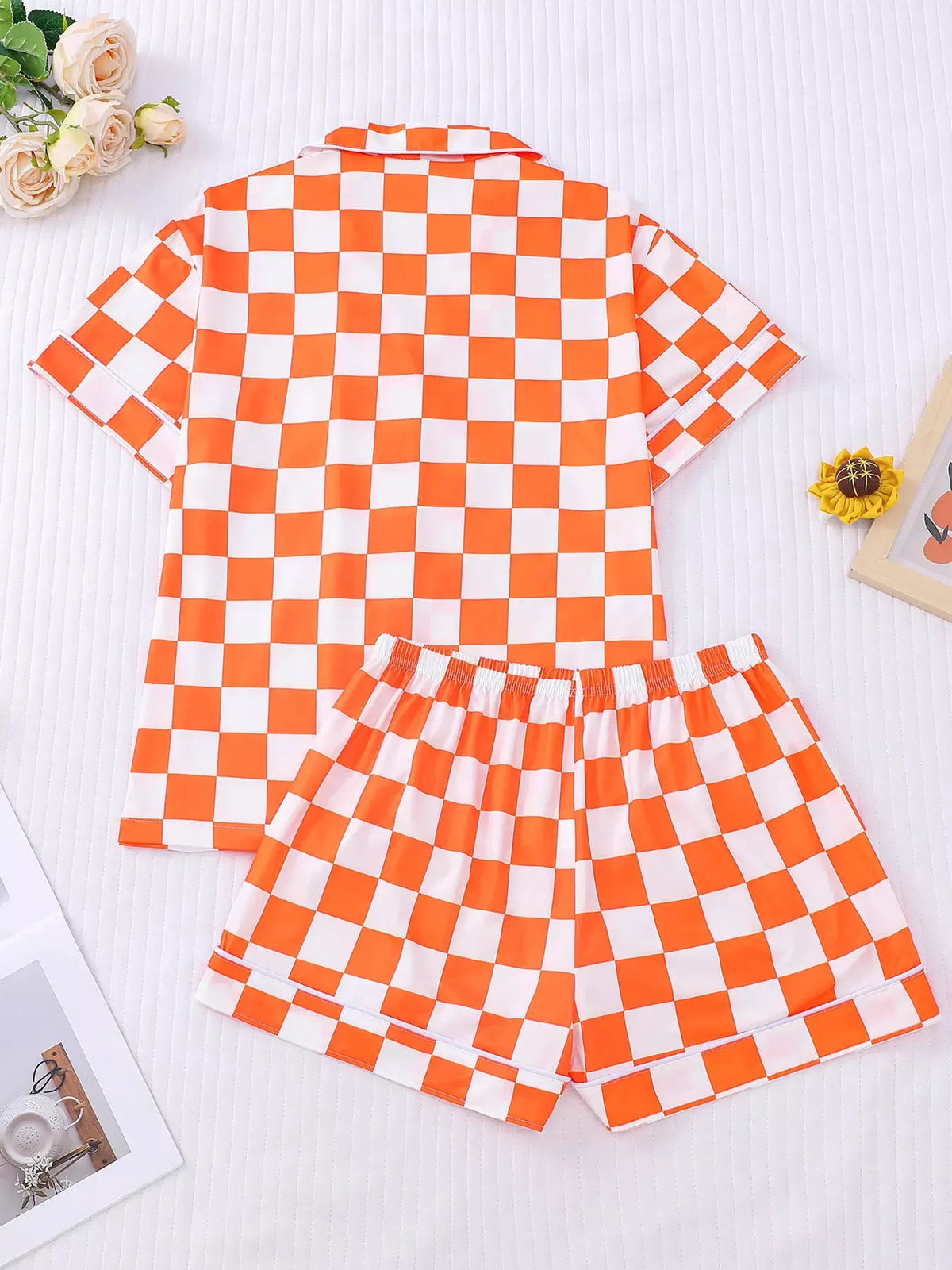 Checkered Print Button Up Top and Shorts Lounge Set by Partner Label