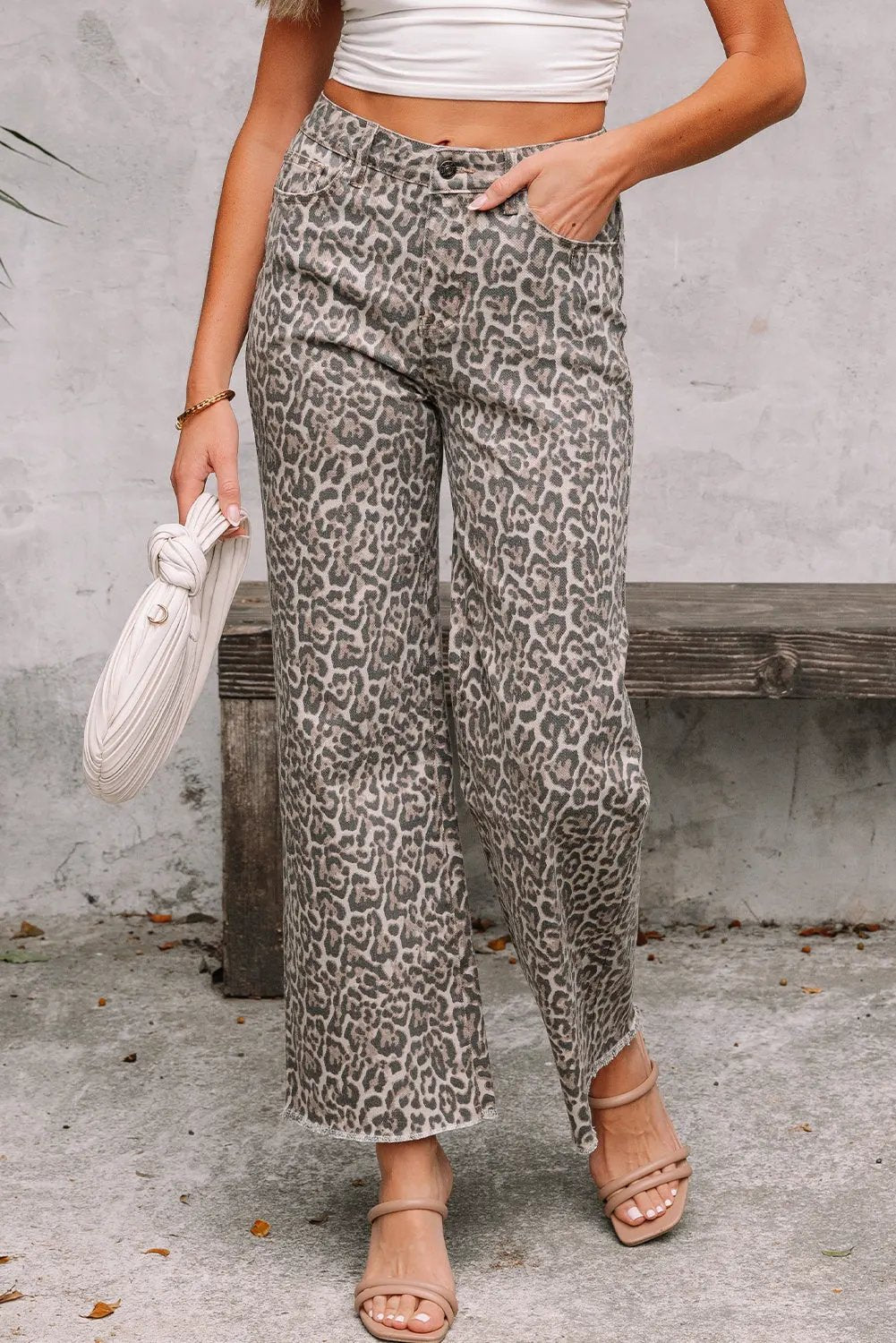 Brianna Leopard Frayed Edge Wide Leg High Waist Jeans by Partner Label