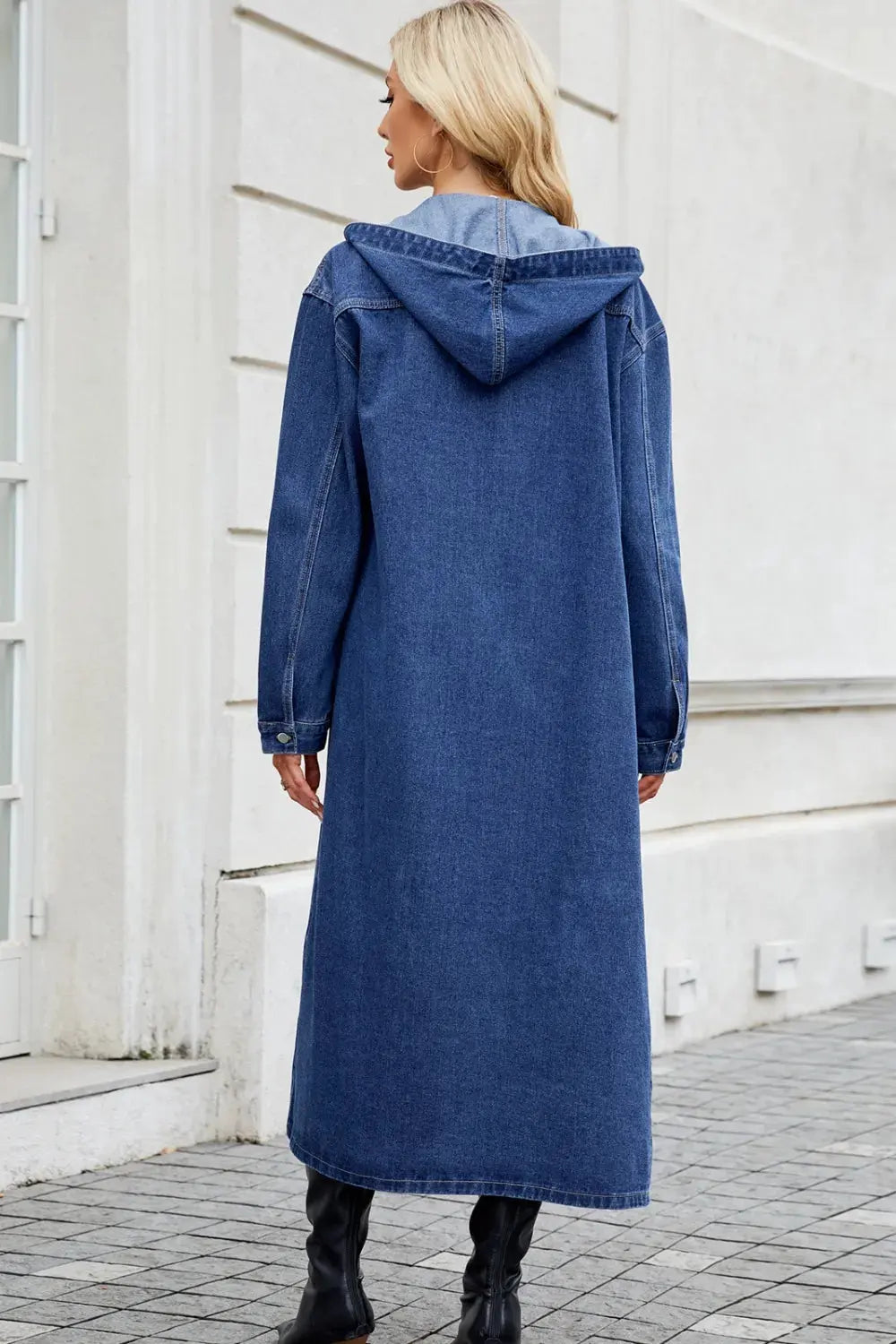 Button Up Long Sleeve Longline Hooded Denim Outerwear by Partner Label