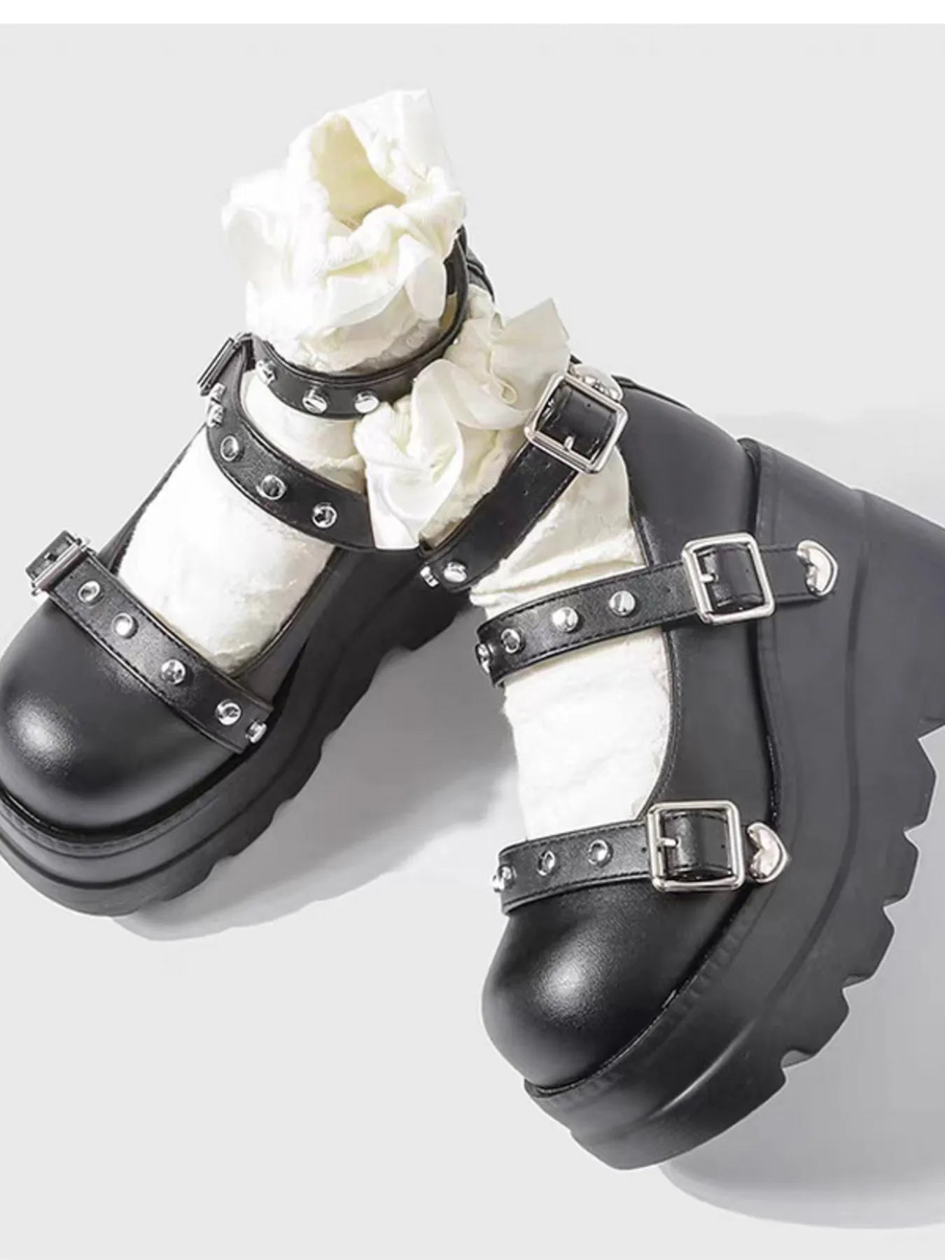 Platform Mary Jane Shoes with Triple Buckle Straps by Partner Label