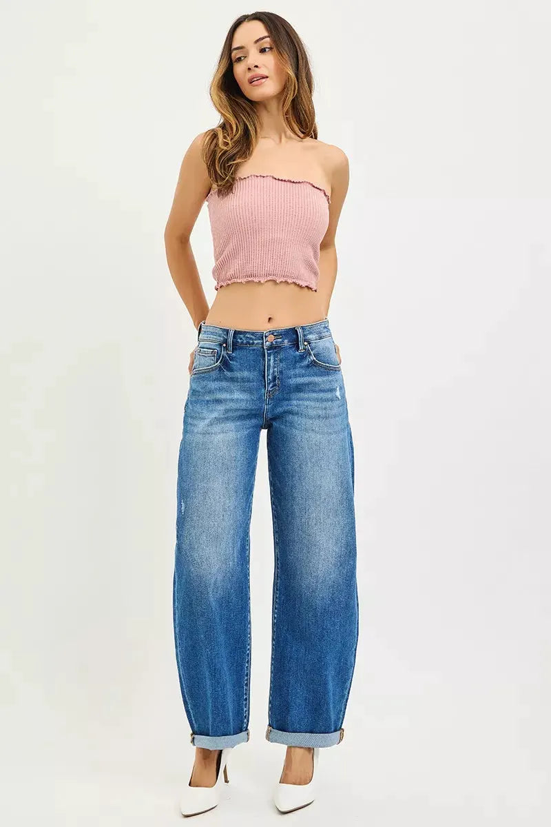 RISEN Full Size Mid Rise Barrel Double Roll Up Jeans Plus Size by RISEN