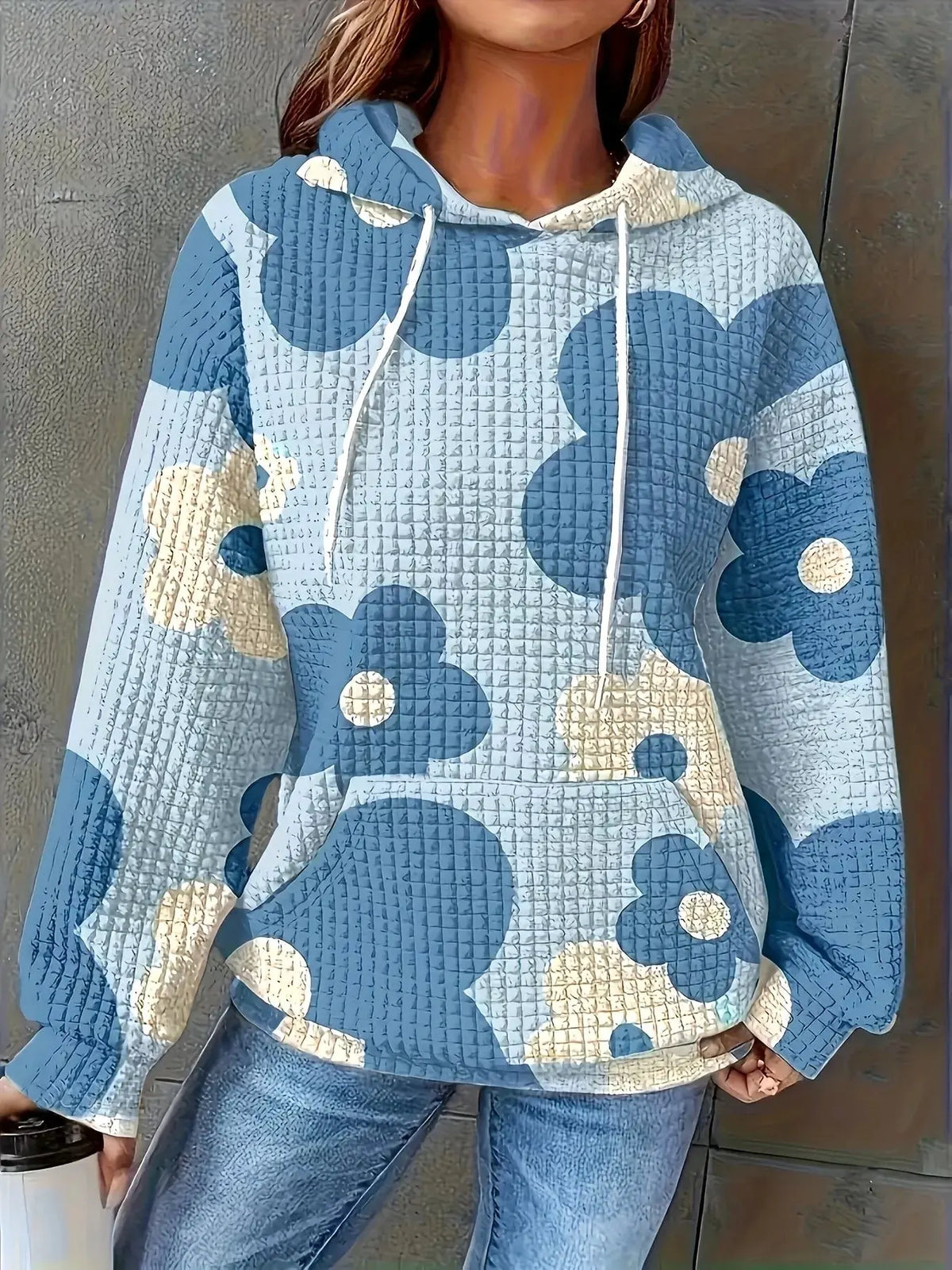 Floral Print Textured Drawstring Hoodie by Partner Label