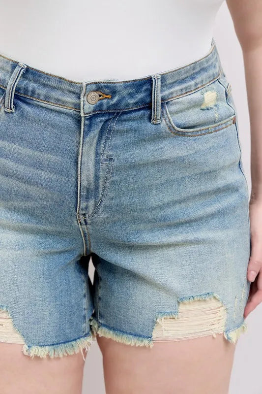 Judy Blue Plus Size High Rise Washed Fly Stitch Detail and Destroy Denim Shorts by Judy Blue