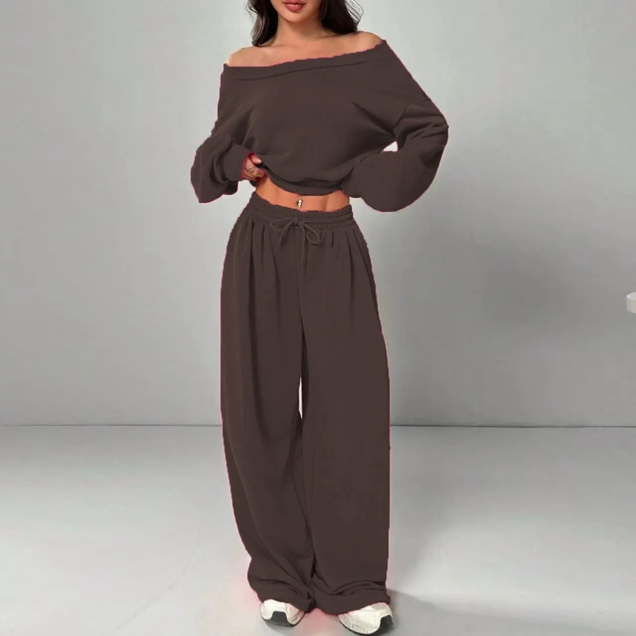 Women's Fashion Slim-fit Off-the-shoulder Navel Solid Color Casual Pants Suit by Maiden-Art