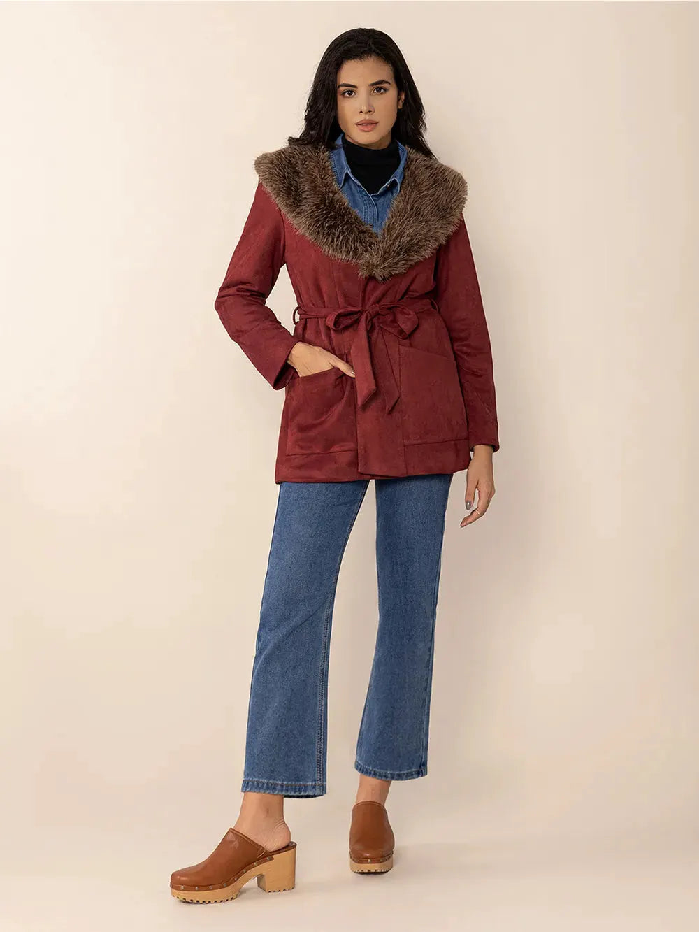 Fuzzy Collared Neck Tie Waist Jacket by Partner Label