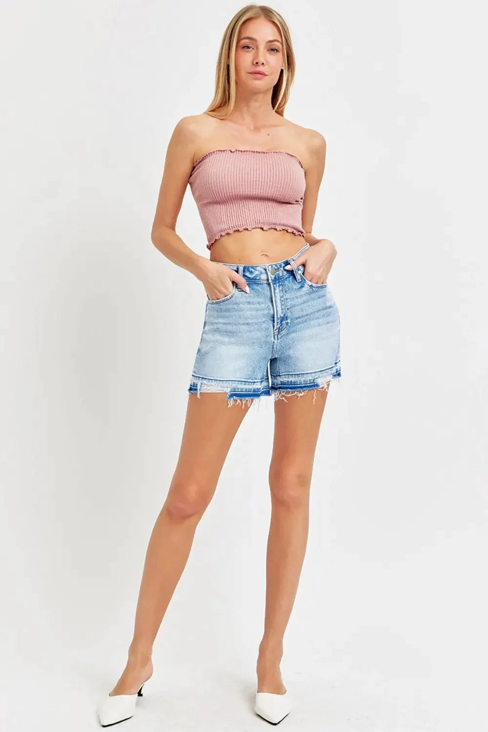 RISEN High Rise Distressed Hem Denim Shorts by RISEN