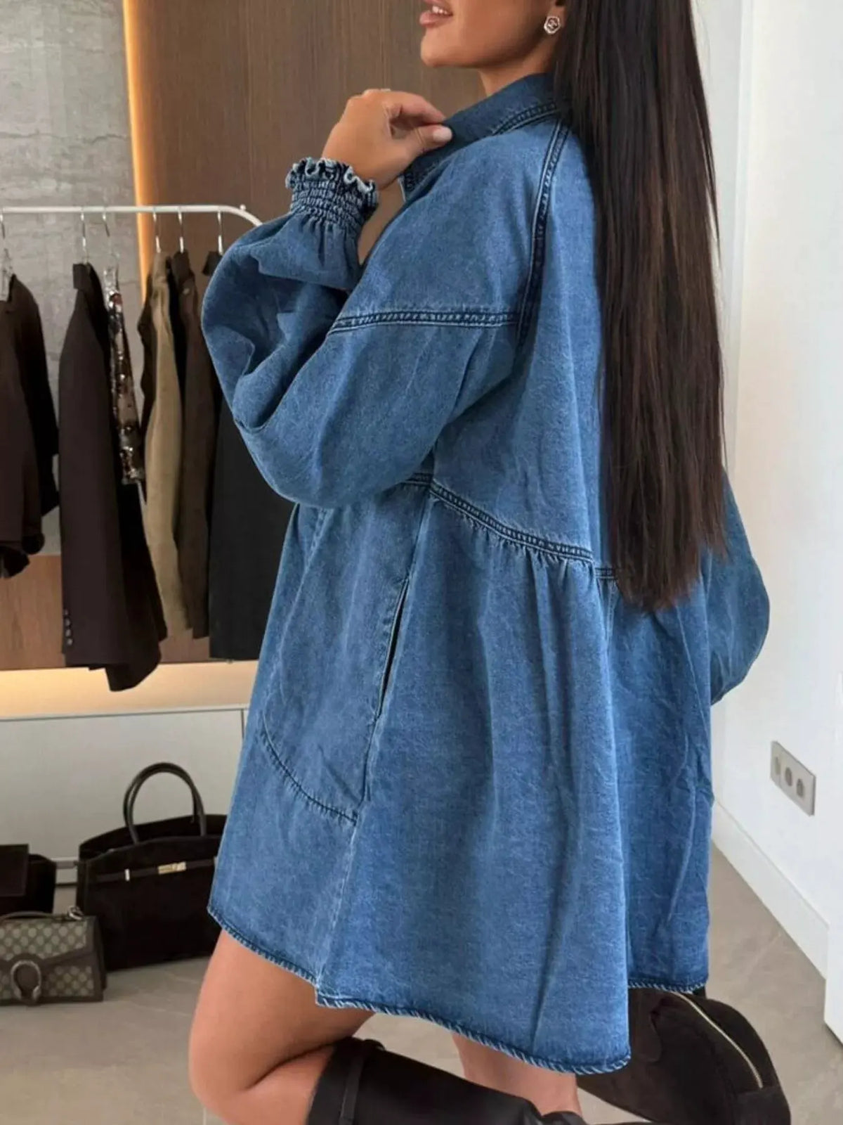 Button Down Mini Denim Dress with Front Pockets by Partner Label