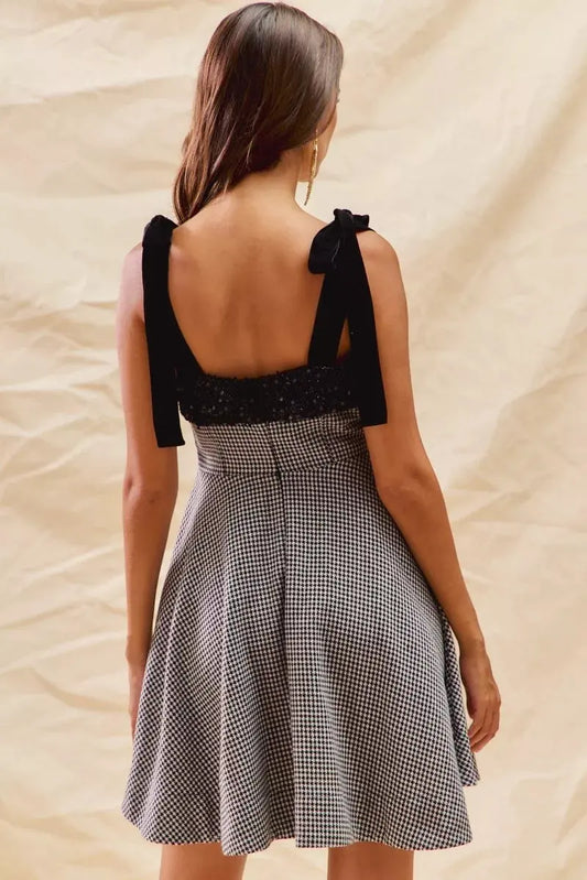 SO ME Houndstooth Fit Flare Mini Dress with Shoulder Tie by SO ME