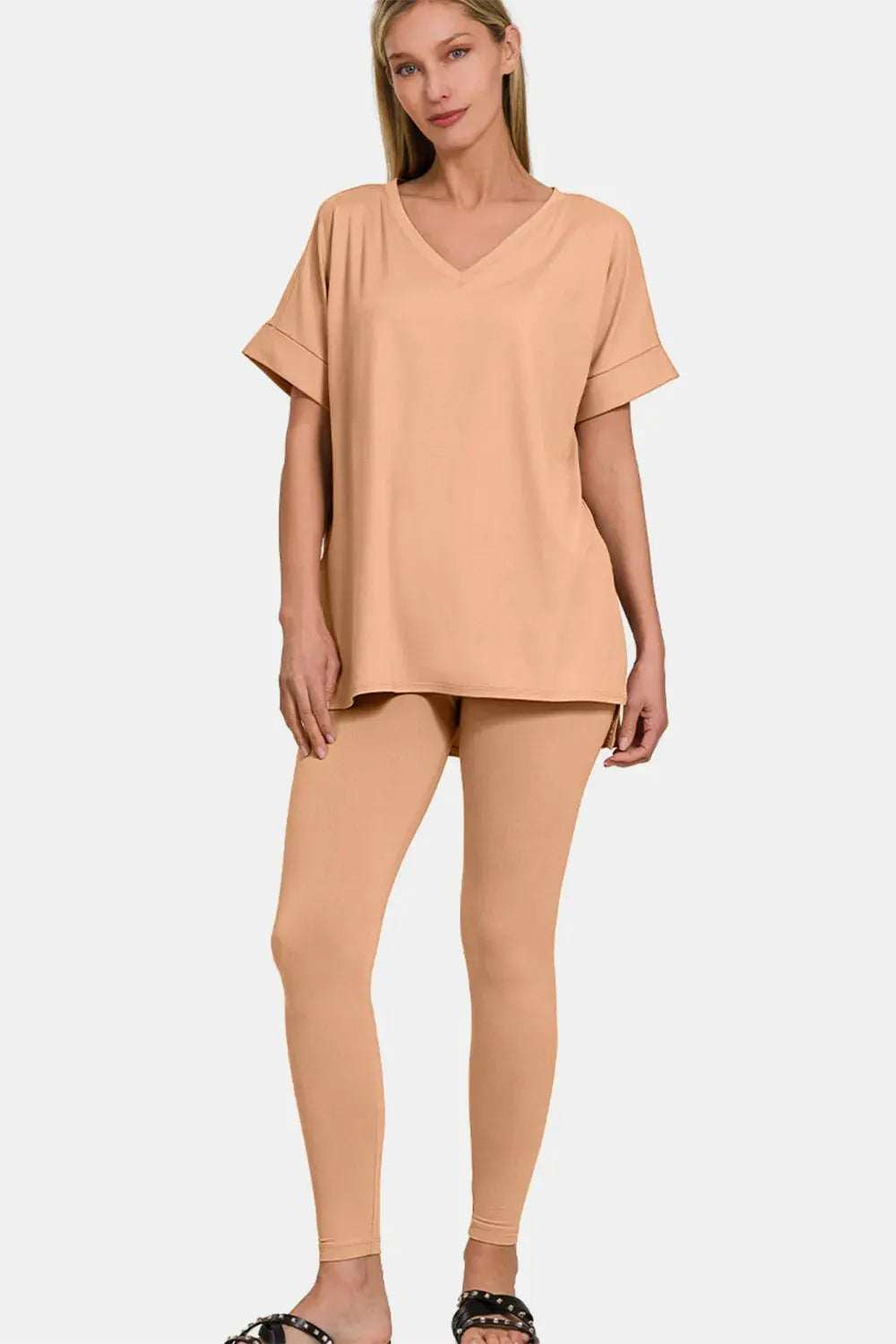 Zenana Full Size V-Neck Rolled Short Sleeve T-Shirt and Leggings Lounge Set by Zenana