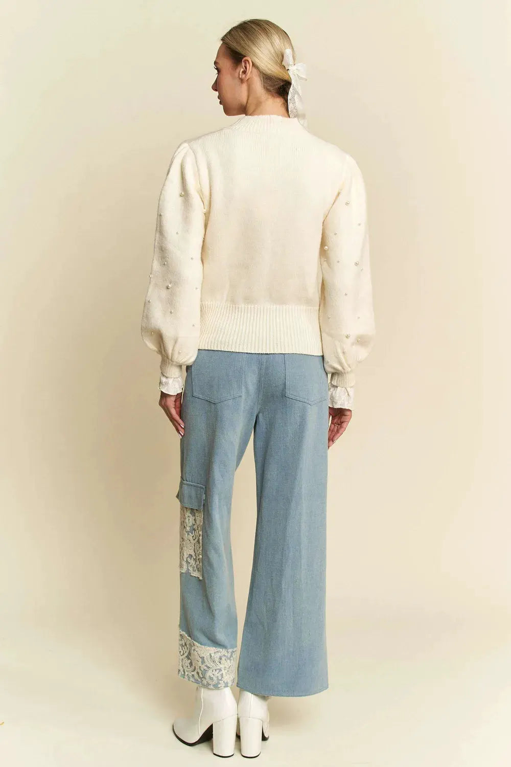 Davi & Dani Lace Applique Wide Leg Jeans by Davi & Dani