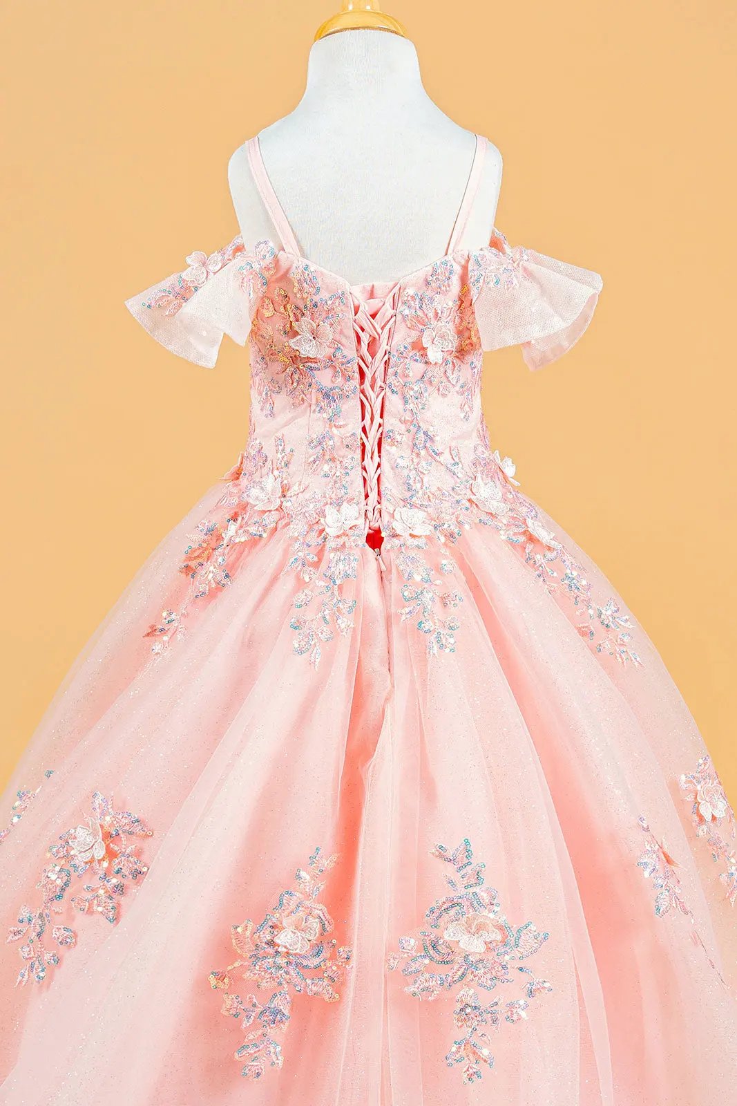 3D Flower Applique Sequins Embroidery Lace-Up Back Corset V-Neck Cold Shoulder Kids Dress by Tux-USA